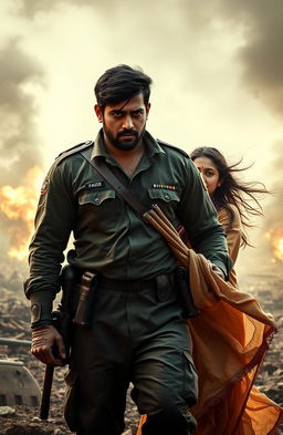 A dramatic scene portraying Kabir Sharma, a rugged and noble army officer, standing strong in a war-torn landscape