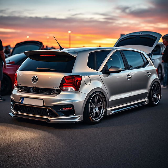 A modified silver Volkswagen Polo 6N2 GTI featuring an impressive tuning setup