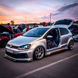 A modified silver Volkswagen Polo 6N2 GTI featuring an impressive tuning setup