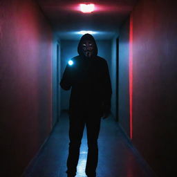 An anonymous figure holding a flashlight in a dark corridor, illuminated by streaks of laser and neon lights.