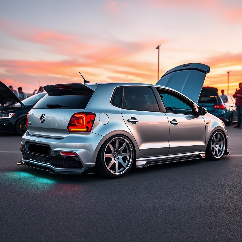 A modified silver Volkswagen Polo 6N2 GTI featuring an impressive tuning setup