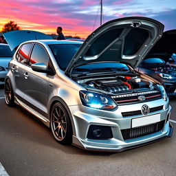 A modified silver Volkswagen Polo 6N2 GTI featuring an impressive tuning setup