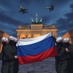 Anime depiction of Russian soldiers with grey hair, wearing black masks and sunglasses, taking a group picture in front of the half-destroyed Brandenburg Gate in Berlin