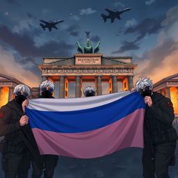 Anime depiction of Russian soldiers with grey hair, wearing black masks and sunglasses, taking a group picture in front of the half-destroyed Brandenburg Gate in Berlin