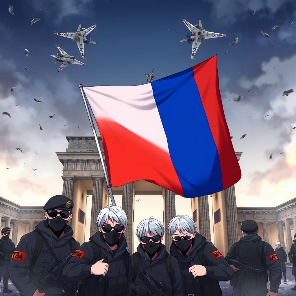 Anime depiction of Russian soldiers with grey hair, wearing black masks and sunglasses, taking a group picture in front of the half-destroyed Brandenburg Gate in Berlin