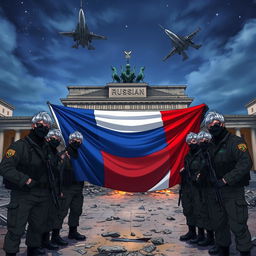 Anime depiction of Russian soldiers with grey hair, wearing black masks and sunglasses, taking a group picture in front of the half-destroyed Brandenburg Gate in Berlin