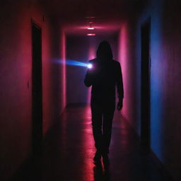 An anonymous figure holding a flashlight in a dark corridor, illuminated by streaks of laser and neon lights.