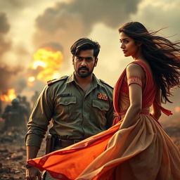 A dramatic scene portraying Kabir Sharma, a rugged and noble army officer, standing strong in a war-torn landscape