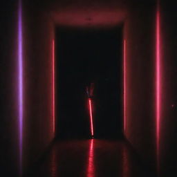 An anonymous figure holding a flashlight in a dark corridor, illuminated by streaks of laser and neon lights.