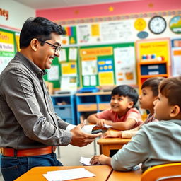 A dedicated and passionate teacher instructing a group of young students in a vibrant classroom setting