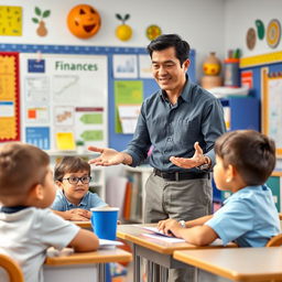 A dedicated and passionate teacher instructing a group of young students in a vibrant classroom setting