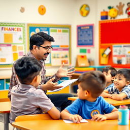 A dedicated and passionate teacher instructing a group of young students in a vibrant classroom setting