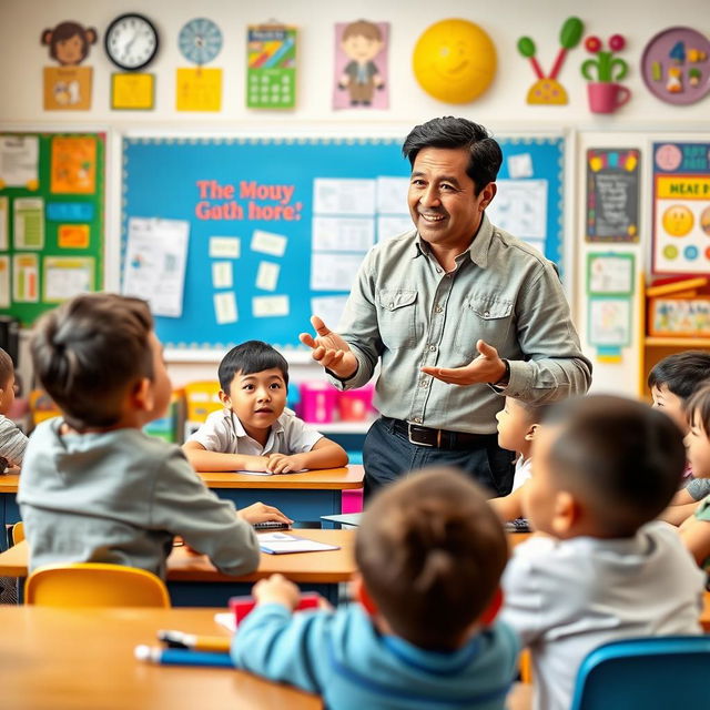 A dedicated and passionate teacher instructing a group of young students in a vibrant classroom setting