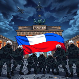 Anime depiction of Russian soldiers with grey hair, wearing black masks and sunglasses, armed with AK-12 rifles, taking a group picture in front of the half-destroyed Brandenburg Gate in Berlin