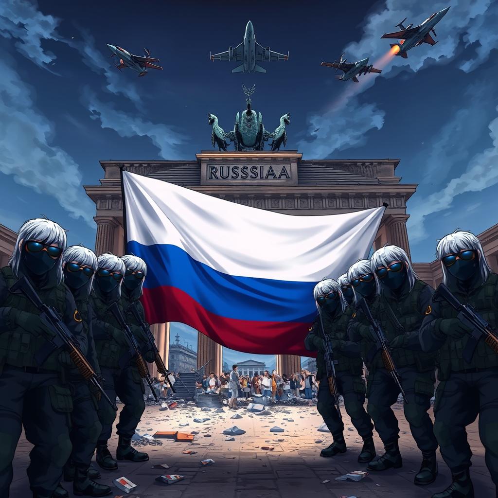 Anime depiction of Russian soldiers with grey hair, wearing black masks and sunglasses, armed with AK-12 rifles, taking a group picture in front of the half-destroyed Brandenburg Gate in Berlin