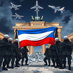 Anime depiction of Russian soldiers with grey hair, wearing black masks and sunglasses, armed with AK-12 rifles, taking a group picture in front of the half-destroyed Brandenburg Gate in Berlin