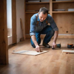 An experienced interior architect intricately working on patching up a wooden floor, surrounded by tools and materials. The ambiance illuminates his dedication and professionalism.