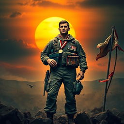 A striking visual representation of the life of an army man, showcasing a heroic soldier in full military gear, standing tall amidst a backdrop of a vivid sunset over a battle-scarred landscape