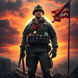 A striking visual representation of the life of an army man, showcasing a heroic soldier in full military gear, standing tall amidst a backdrop of a vivid sunset over a battle-scarred landscape