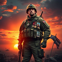 A striking visual representation of the life of an army man, showcasing a heroic soldier in full military gear, standing tall amidst a backdrop of a vivid sunset over a battle-scarred landscape