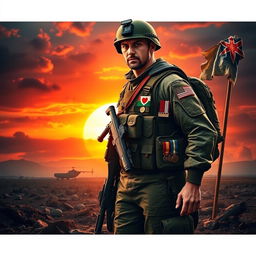 A striking visual representation of the life of an army man, showcasing a heroic soldier in full military gear, standing tall amidst a backdrop of a vivid sunset over a battle-scarred landscape