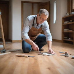 An experienced interior architect intricately working on patching up a wooden floor, surrounded by tools and materials. The ambiance illuminates his dedication and professionalism.