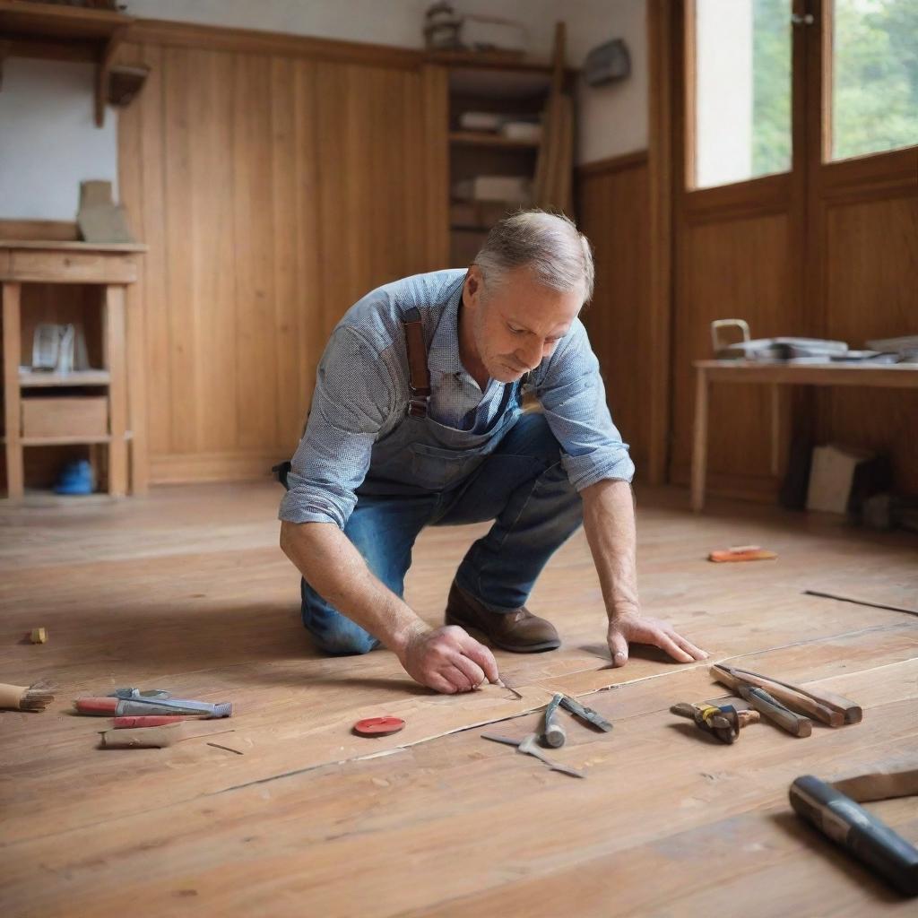 An experienced interior architect intricately working on patching up a wooden floor, surrounded by tools and materials. The ambiance illuminates his dedication and professionalism.