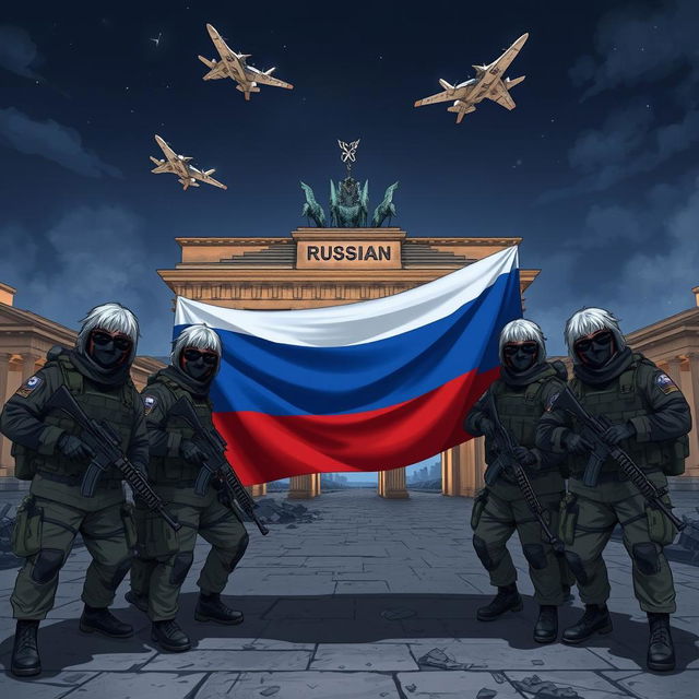 Anime style depiction of Russian soldiers with grey and black hair, wearing black masks and sunglasses, armed with AK-12 rifles, taking a group picture behind the half-destroyed Brandenburg Gate in Berlin