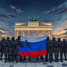 Anime style depiction of Russian soldiers with grey and black hair, wearing black masks and sunglasses, armed with AK-12 rifles, taking a group picture behind the half-destroyed Brandenburg Gate in Berlin