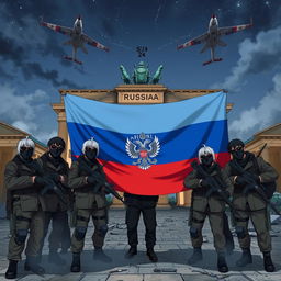 Anime style depiction of Russian soldiers with grey and black hair, wearing black masks and sunglasses, armed with AK-12 rifles, taking a group picture behind the half-destroyed Brandenburg Gate in Berlin