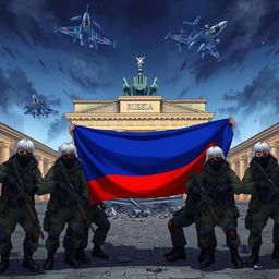 Anime style depiction of Russian soldiers with grey and black hair, wearing black masks and sunglasses, armed with AK-12 rifles, taking a group picture behind the half-destroyed Brandenburg Gate in Berlin