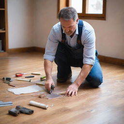 An experienced interior architect intricately working on patching up a wooden floor, surrounded by tools and materials. The ambiance illuminates his dedication and professionalism.