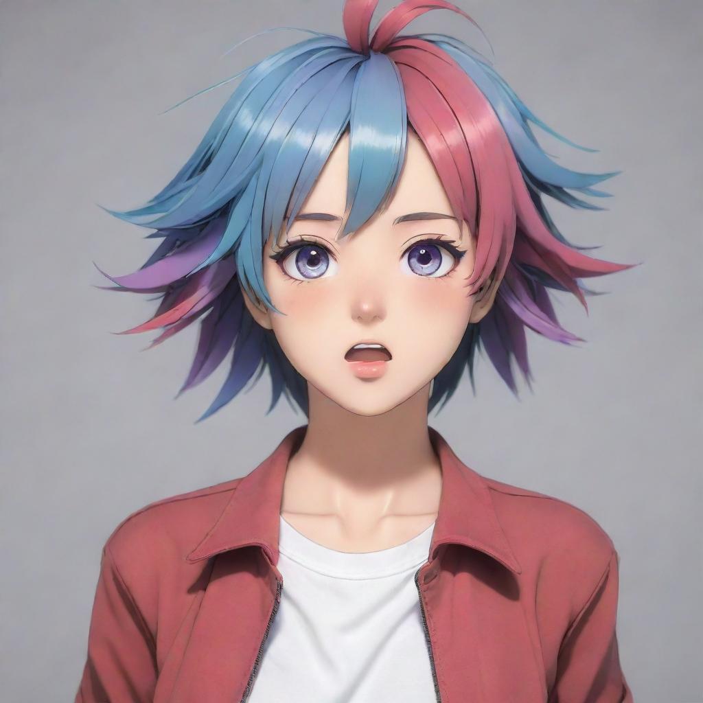 A high quality image of an anime woman showcasing a variety of emotions, dressed in a casual and trendy outfit, with vibrant hair and eyes.