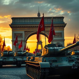 A dramatic scene depicting a Soviet T-34 tank division entering Paris with the iconic Triumph Arch in the foreground