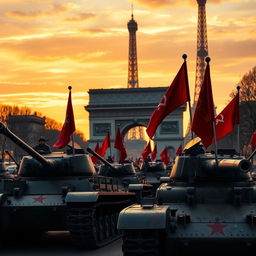 A dramatic scene depicting a Soviet T-34 tank division entering Paris with the iconic Triumph Arch in the foreground