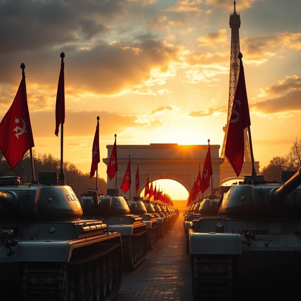 A dramatic scene depicting a Soviet T-34 tank division entering Paris with the iconic Triumph Arch in the foreground