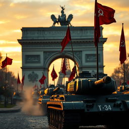 A dramatic scene depicting a Soviet T-34 tank division entering Paris with the iconic Triumph Arch in the foreground