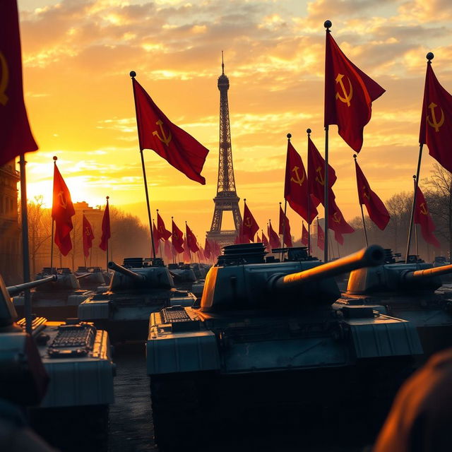 A powerful scene depicting a Soviet tank division entering Paris with the iconic Triumph Arc prominently in view