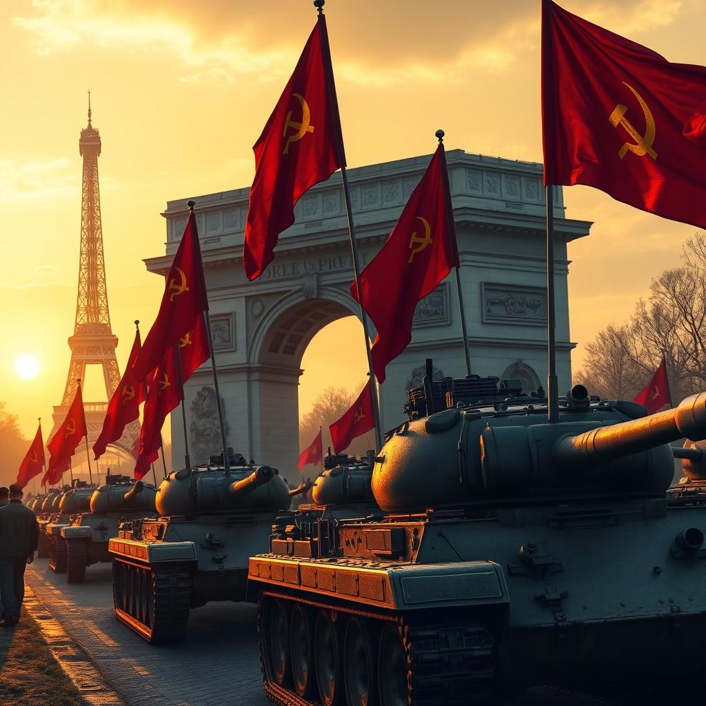 A powerful scene depicting a Soviet tank division entering Paris with the iconic Triumph Arc prominently in view