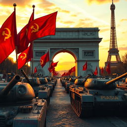 A powerful scene depicting a Soviet tank division entering Paris with the iconic Triumph Arc prominently in view