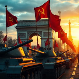 A powerful scene depicting a Soviet tank division entering Paris with the iconic Triumph Arc prominently in view