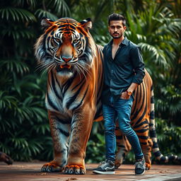 A majestic black giant tiger standing proudly beside a handsome man