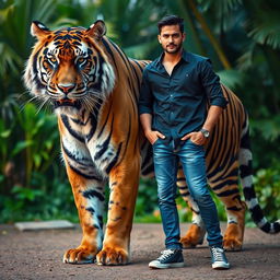 A majestic black giant tiger standing proudly beside a handsome man