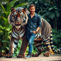 A majestic black giant tiger standing proudly beside a handsome man