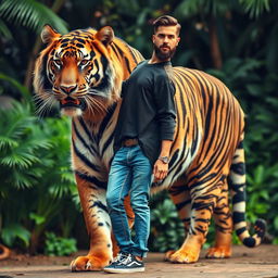 A majestic black giant tiger standing proudly beside a handsome man