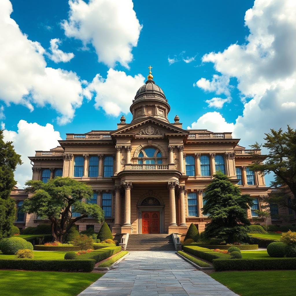 A large, grand old school building titled 'School of the Gods', featuring ornate classical architecture with towering columns, intricate stone carvings, and a large dome topped with a golden symbol