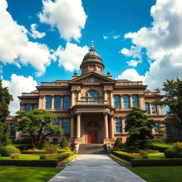 A large, grand old school building titled 'School of the Gods', featuring ornate classical architecture with towering columns, intricate stone carvings, and a large dome topped with a golden symbol