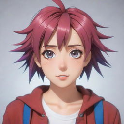 A high quality image of an anime woman showcasing a variety of emotions, dressed in a casual and trendy outfit, with vibrant hair and eyes.