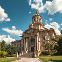 A large, grand old school building titled 'School of the Gods', featuring ornate classical architecture with towering columns, intricate stone carvings, and a large dome topped with a golden symbol