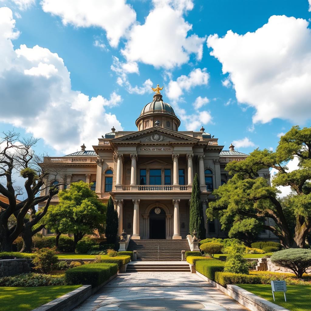 A large, grand old school building titled 'School of the Gods', featuring ornate classical architecture with towering columns, intricate stone carvings, and a large dome topped with a golden symbol